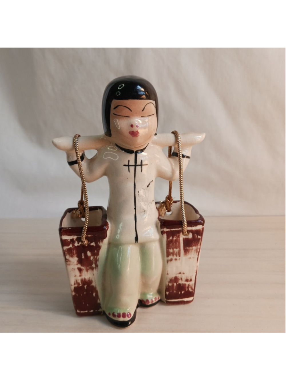 Vintage Ceramic Asian Child Carrying Yoke w Bucket Toothpick Holder Planter